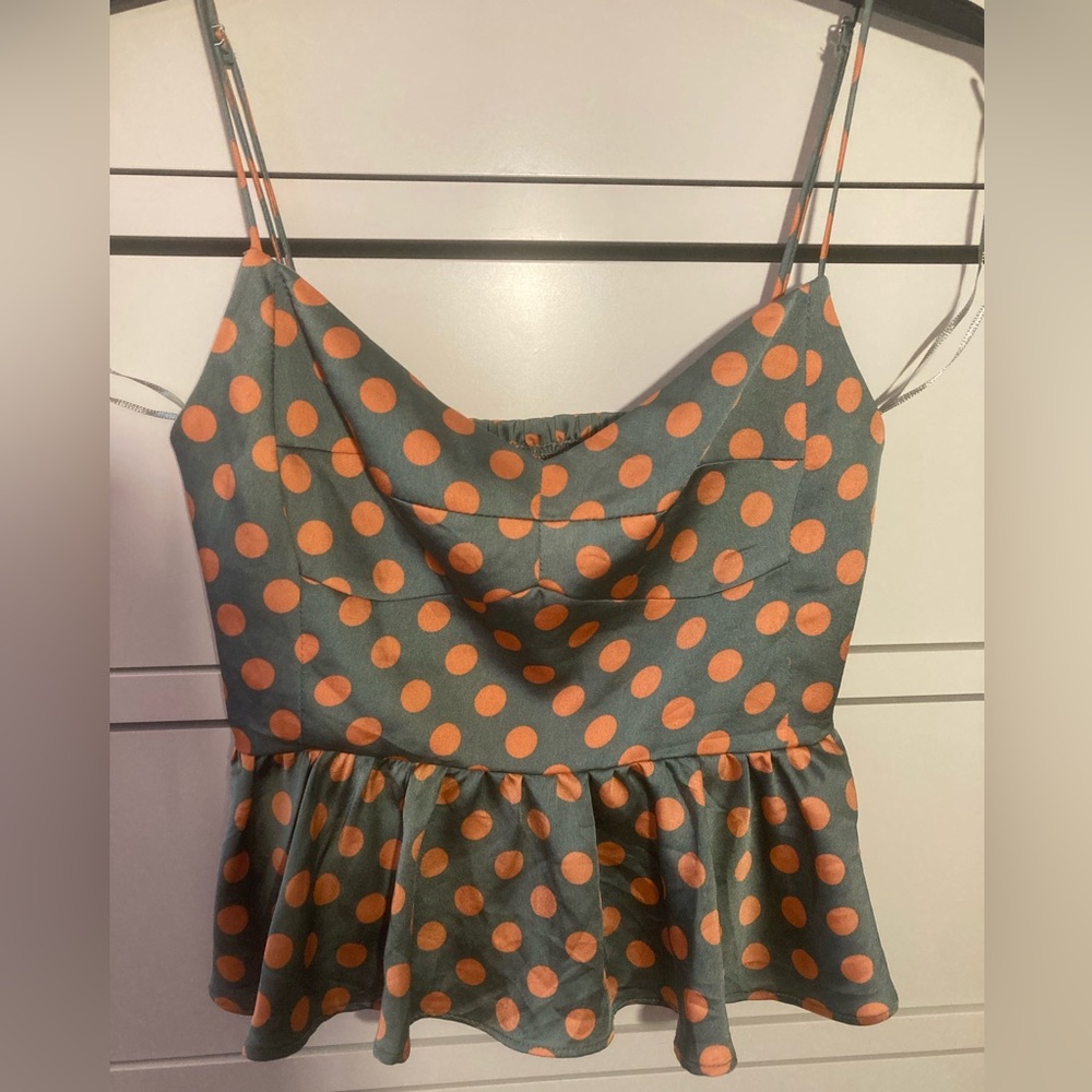 OLIVE GREEN STRAPPY ZARA TOP WITH ORANGE POLKA DOTS